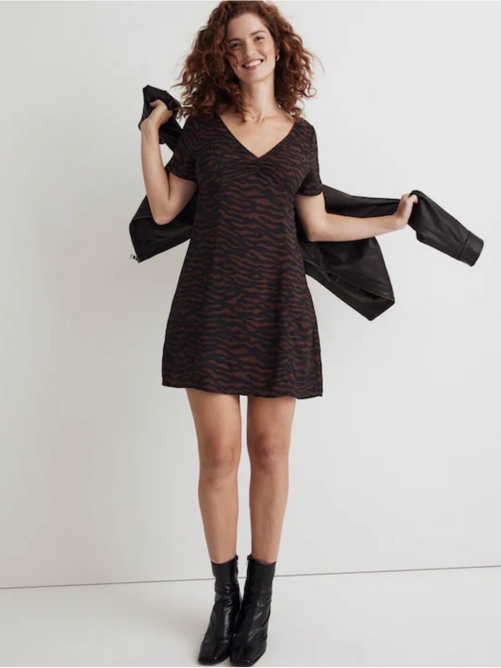 Madewell Abstract Animal Print V-Neck Mini Dress Brown Black Short Sleeve S